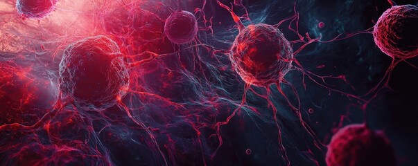 Wall Mural - vibrant microscopic view of cells with intricate networks and glowing colors, representing scientifi