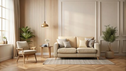 Wall Mural - Cozy beige room interior with chair and sofa, room, chair, sofa, interior, beige, cozy, modern, comfortable, living space