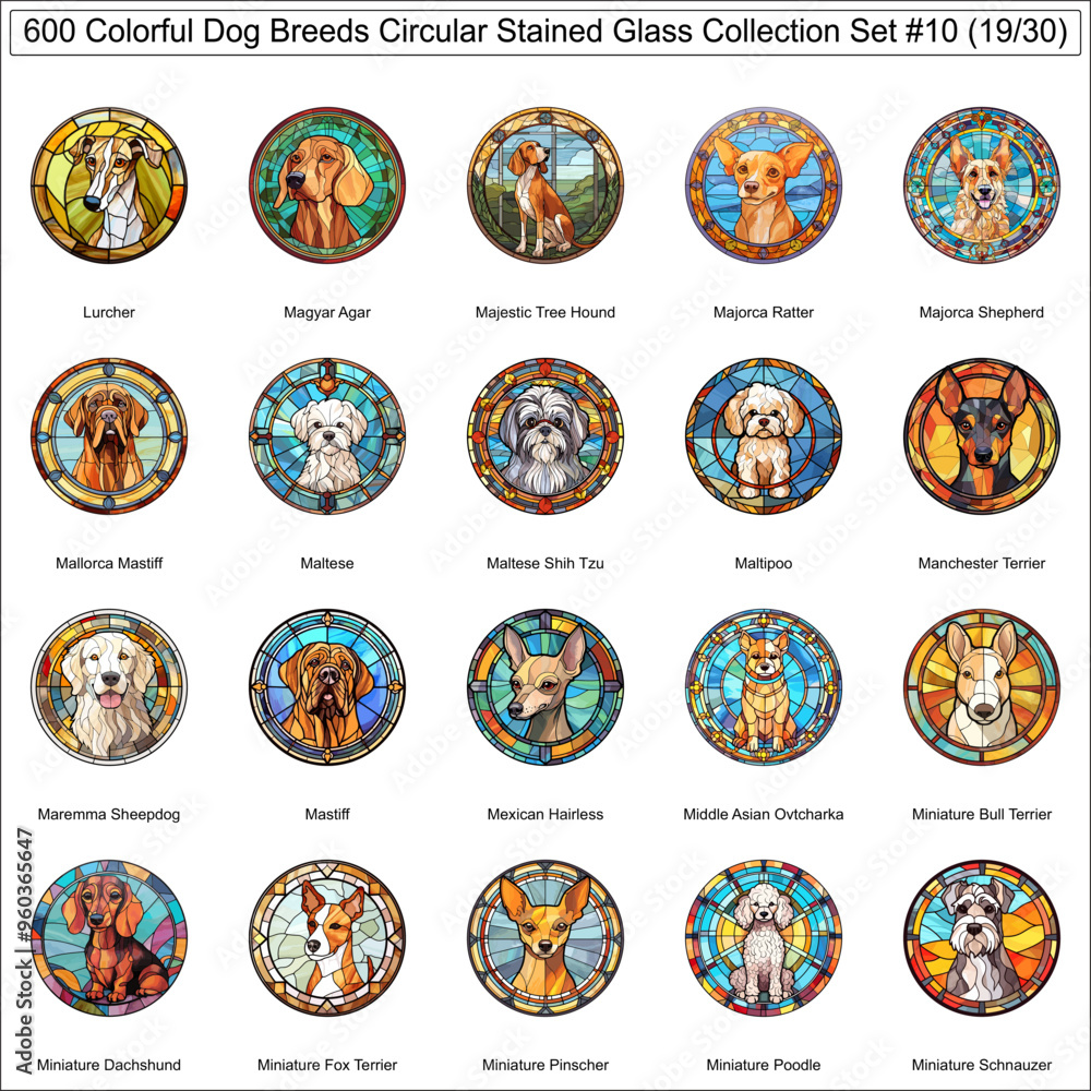 Colorful Dog Breeds Circular Stained Glass Dogs Bundle Collection Set ...