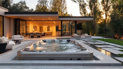 Wall Mural - A minimalist backyard featuring a sleek rectangular hot tub, polished concrete surroundings, soft ambient lighting casting soft shadows, creating a serene and modern aesthetic,