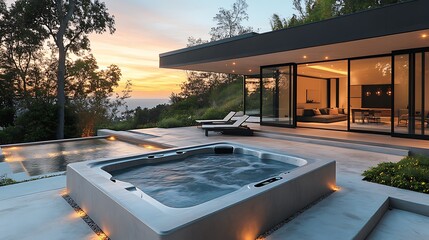 Wall Mural - A minimalist backyard with a sleek, rectangular hot tub, surrounded by polished concrete, clean lines and soft, subtle ambient lighting, creating a calm, modern aesthetic,