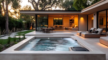 Wall Mural - A minimalist backyard with a sleek, rectangular hot tub, surrounded by polished concrete, clean lines and soft, subtle ambient lighting, creating a calm, modern aesthetic,