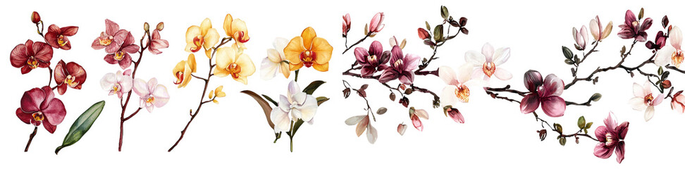 Sticker - A beautiful set of spring meadow with twigs with colorful flowers and leaves isolated on a white background.