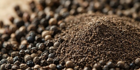 Wall Mural - Black peppercorns and ground pepper.