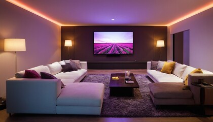 Poster - Stylish Media Room Comfortable Seating Large Screen Ambient Lighting 