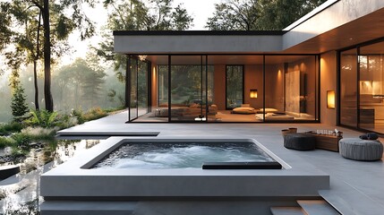 Wall Mural - A rectangular hot tub set in a minimalist backyard, clean lines and smooth concrete flooring, surrounded by subtle ambient lighting, creating a sleek, modern, and serene atmosphere with minimal decor.