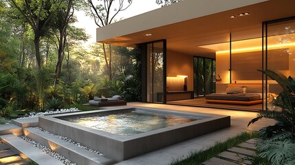 Wall Mural - A rectangular hot tub set in a minimalist backyard, clean lines and smooth concrete flooring, surrounded by subtle ambient lighting, creating a sleek, modern, and serene atmosphere with minimal decor.