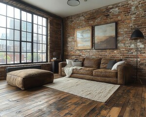 Stylish Industrial Modern Living Room with Dark Wood Flooring, Exposed Brick Walls, and Metal-Framed Furniture