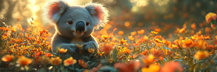 Adorable Koala Sitting Among Bright Orange Flowers in a Sunlit Meadow with a Gentle and Peaceful Atmosphere Creating a Warm and Happy Mood