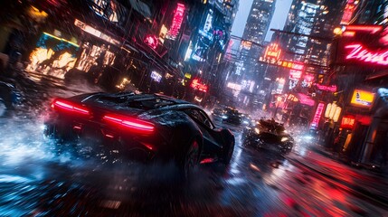 Dynamic battle scene, futuristic urban environment, vibrant neon lights, high contrast, sleek metallic textures, intense action, fast-paced, adrenaline-fueled atmosphere, cinematic framing