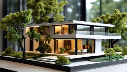 Sticker - Modern two-story house architectural model featuring miniature figures and trees in a detailed display