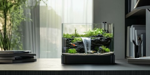 Canvas Print - A small aquarium with a waterfall and a fish.