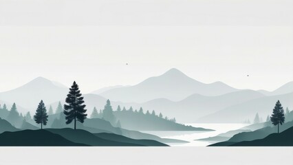 Canvas Print - Silhouettes of trees and mountains against a misty sky.