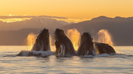 Humpback whales breach the surface at sunset near majestic mountains, creating a stunning display of nature's beauty in a tranquil ocean setting