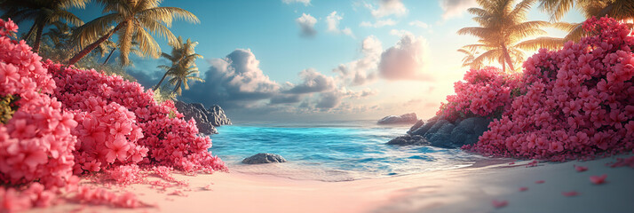 Tropical beach with pink blossoms and blue ocean under a clear sky, evoking paradise and serenity.