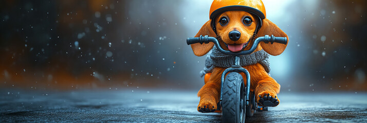 Playful dachshund puppy riding a small bicycle in a whimsical rainy day with blurred background