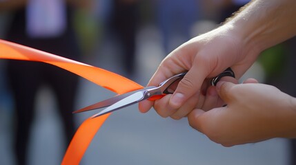 Hand Cutting a Ribbon: A hand holding scissors, cutting through a red ribbon during a grand opening ceremony.
