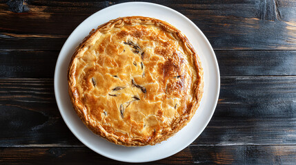 Sticker - Overhead shot of a white plate on a dark wooden table with a golden brown pie and flaky crust