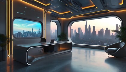 Wall Mural - Futuristic office design featuring digital displays and breathtaking city skyline views