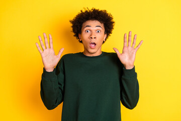 Poster - Portrait of nice young man open mouth raise arms wear sweater isolated on yellow color background