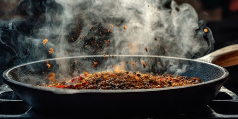 Wall Mural - Steaming spices in a black pan.