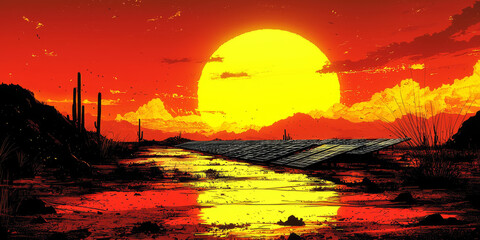 a desert landscape with a large solar panel array at sunset.