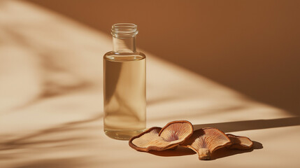 Wall Mural - a glass bottle of reishi mushroom extract with a few dried reishi slices beside it against an isolated muted brown background