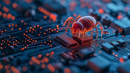 digital illustration of a virus depicted as a red bug crawling on a computer motherboard, representi