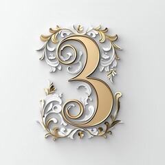 Intricate gold and white number three design, perfect for elegant invitations and decorative projects.