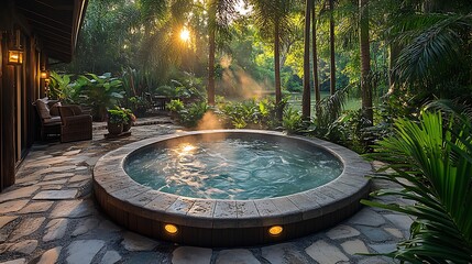 Wall Mural - A serene tropical hot tub surrounded by palm trees and bamboo, soft glow from tiki torches illuminating the area, warm steam rising from the water, creating a tranquil and relaxing island atmosphere.