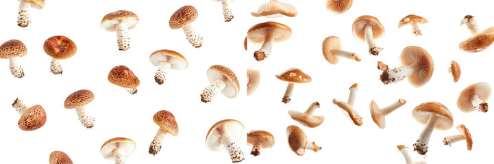 Canvas Print - On a white background, falling Shiitake Mushrooms, food falling from the sky.