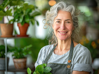 Sticker - A woman with gray hair is smiling and holding a plant