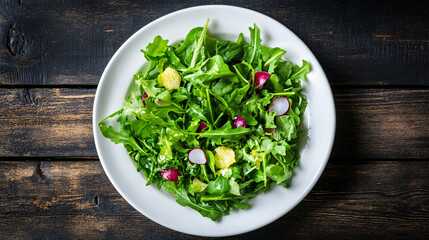 Wall Mural - Arugula, radish, and pear salad presented on a white plate atop a rustic wooden table