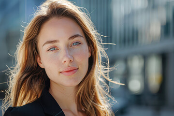 Wall Mural - A woman with long blonde hair and blue eyes is smiling for the camera