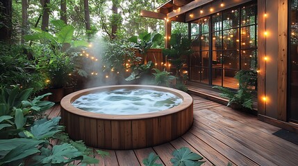 Wall Mural - A wooden deck featuring a rustic hot tub, surrounded by leafy green plants and illuminated by warm string lights, a serene retreat at dusk, steam rising from the tub,