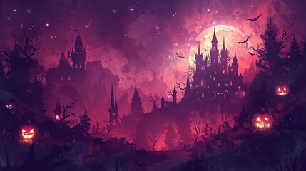 Wall Mural - Halloween background with haunted castle, scary trees with copy space