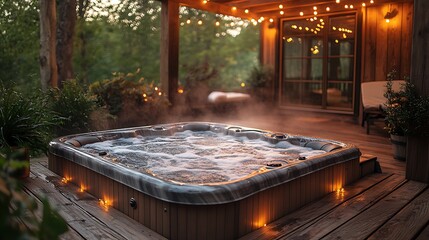 Wall Mural - Cozy backyard hot tub nestled in a wooden deck, surrounded by greenery and vintage string lights, soft amber glow and mist rising from the water, a peaceful rustic setting perfect for relaxation,