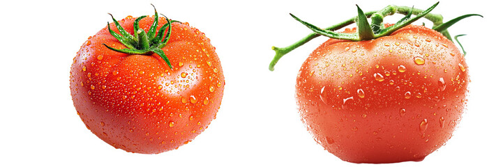 Poster - The popular vegetable ingredient tomato with water drops on a red background, a fresh tomato with water drops.