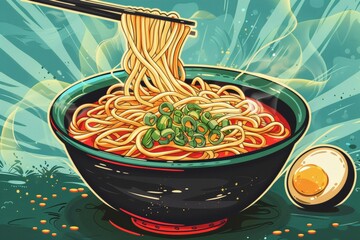 A vibrant illustration of a bowl of steaming hot noodles topped with fresh green onions, served with a half-boiled egg, capturing a delicious ramen dish.