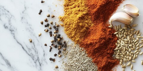 Wall Mural - Spices and garlic on a marble countertop.