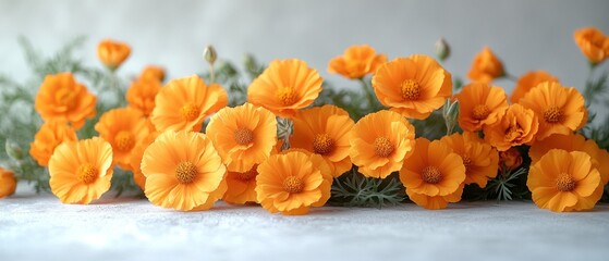 Wall Mural - A Cluster of Bright Orange Flowers with Green Foliage