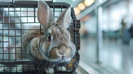 at the airport a rabbit is kept in a carrier cage