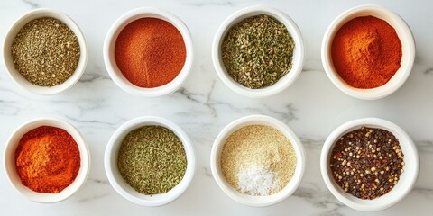 Wall Mural - Various spices in small white bowls on a marble surface.