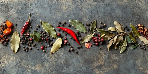 Wall Mural - Spices, bay leaves, peppercorns, chili peppers.