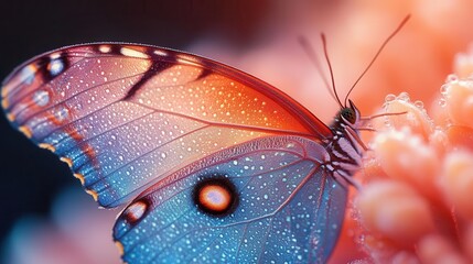 Wall Mural - ethereal closeup of iridescent butterfly wings intricate patterns and vivid colors revealed in stunning macro detail soft bokeh background