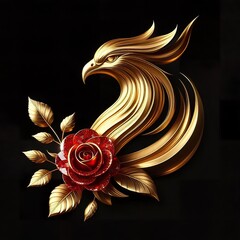 A stylized gold beautiful phoenix head, A single red diamond rose with gold leaves is positioned beside the head, black background