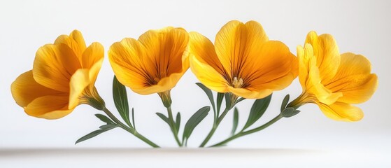 Poster - Four Bright Yellow Flowers with Green Stems Against White Background