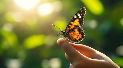 Poster - Close-up of a Butterfly on a Hand in Nature