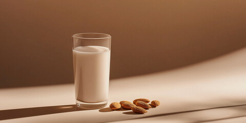 a glass of almond milk with a few almonds beside it against an isolated soft brown background