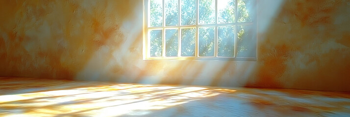 Poster - Sunlight streams through a window in a room with a textured, orange wall.